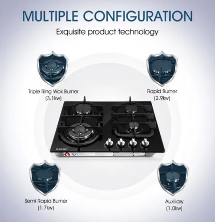 Maxkon 4 Burner 60cm Gas Cooktop Gas Hob Black Tempered Glass Top Stove