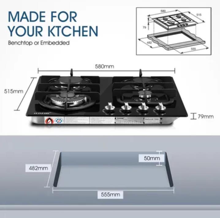 Maxkon 4 Burner 60cm Gas Cooktop Gas Hob Black Tempered Glass Top Stove