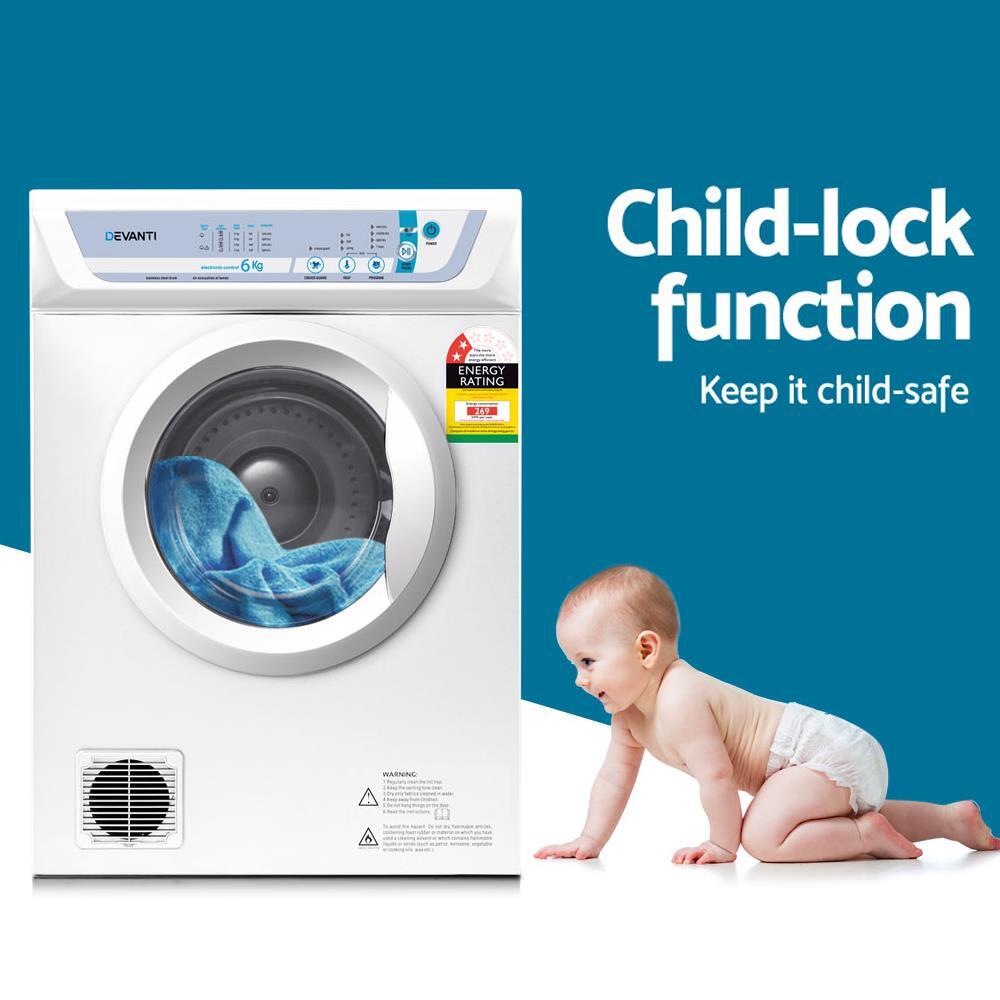 Devanti 6kg Clothes Tumble Dryer Adjustable Heat Air Vented Wall Mount Kit White Devanti