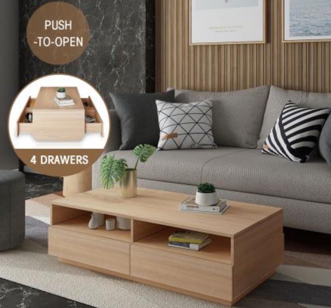 Oak Coffee Table Storage Drawer Shelf Cabinet Home 4 Drawers 4 Shelves