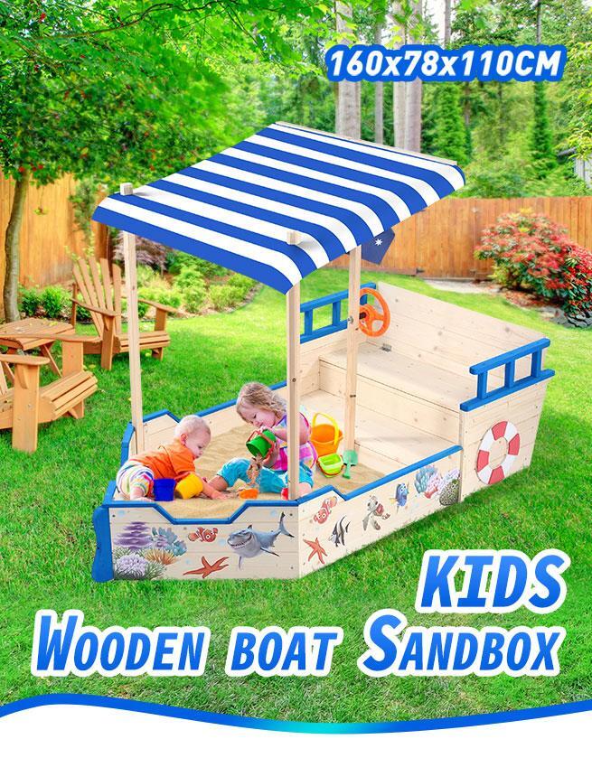 RETURNs Wooden Boat Sandbox with Canopy Kids Sandpit Toys