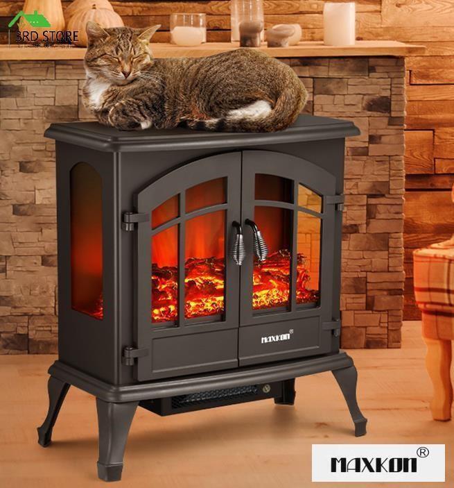 Maxkon 1800W Electric Fireplace Stove 3D Rolling Heater Thermostat Freestanding