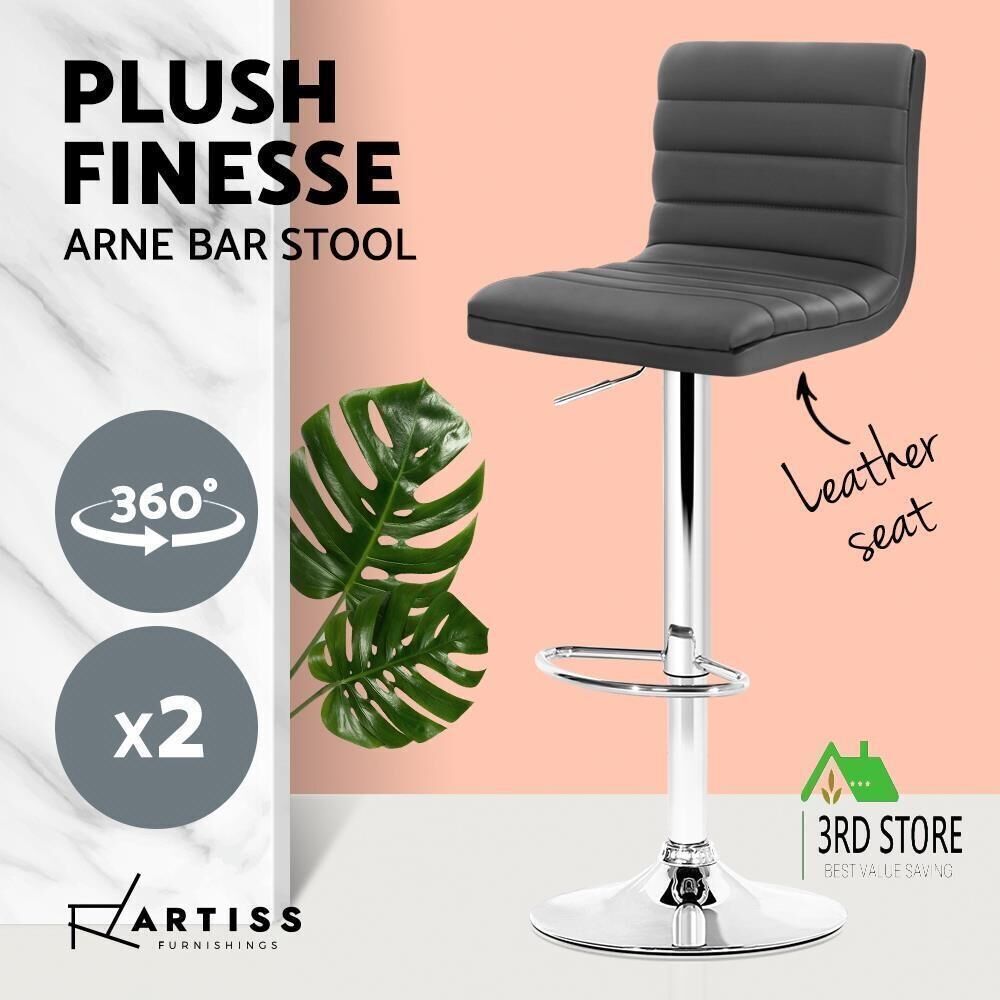 Artiss 2 x Gas Lift Bar Stools Swivel Bar Stool Kitchen Chairs Leather Grey