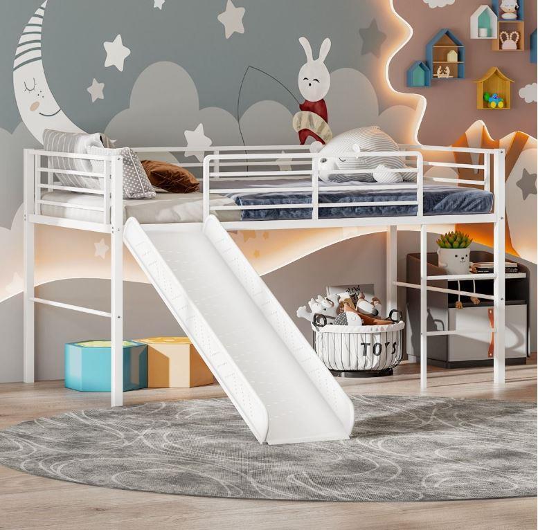 Kids Metal Bedroom Bunk Bed Frame Loft w/ Guardrails, Built-in Ladder ...