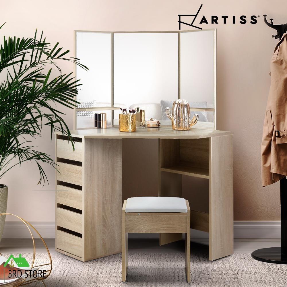 Artiss Corner Dressing Table Mirror Stool Set Makeup Vanity Desk Chair Oak