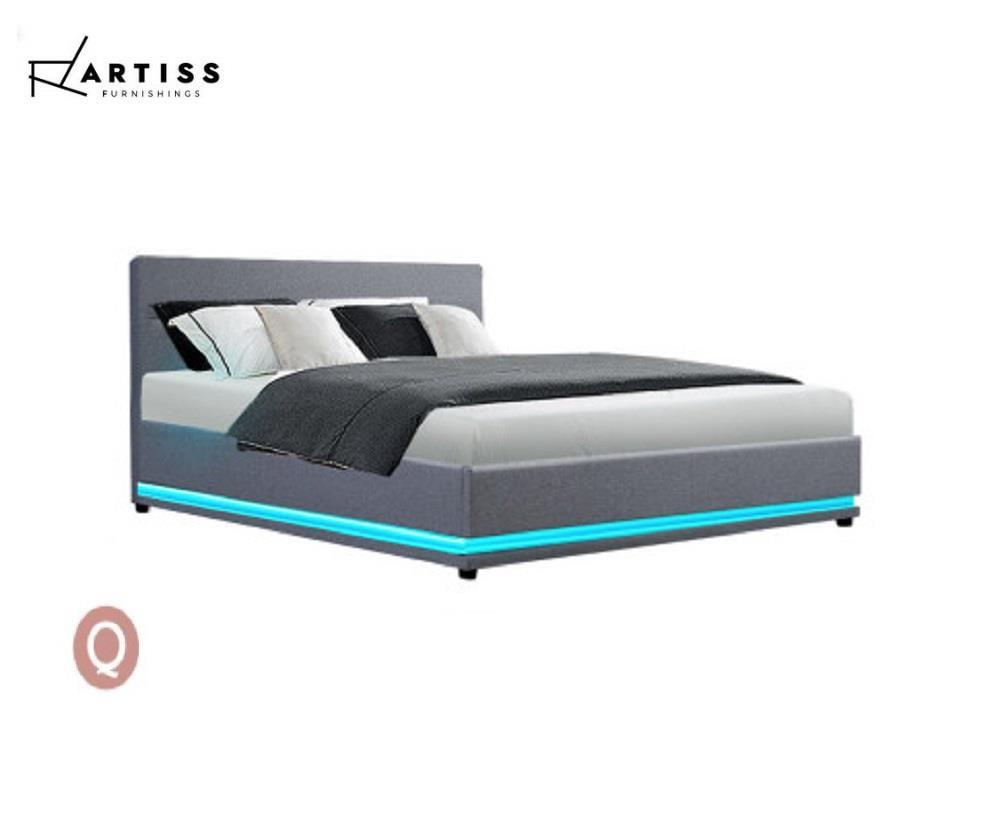 Artiss RGB LED Bed Frame Queen Size Gas Lift Base With Storage Grey