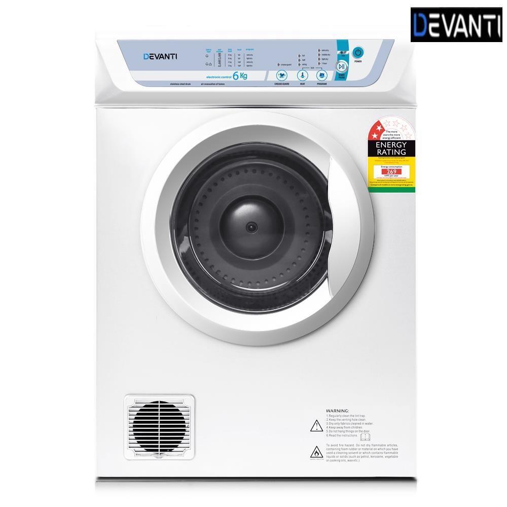 Devanti 6kg Clothes Tumble Dryer Adjustable Heat Air Vented Wall Mount Kit White Devanti