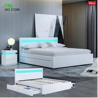 RGB LED Bed Frame Bedside Table Queen Size Gas Lift Bed Base Storage WHITE