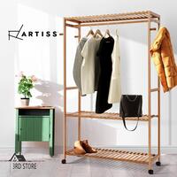Artiss Clothes Rack Bamboo Garment Coat Hanger Rolling Stand Shoes Storage Shelf