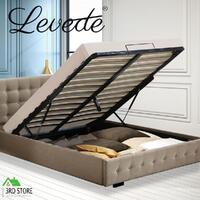 Levede Fabric Gas Lift Bed Frame with Storage Capacity in Double Size in Beige Colour