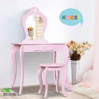 Keezi Kids Vanity Dressing Table Stool Set Mirror Drawer Children Makeup Pink