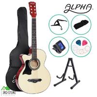 Alpha 38” Inch Wooden Acoustic Guitar Left Handed Classical Folk Full Size Capo