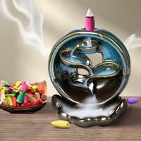 Incense Burner Rounded Waterfall Smoke Backflow Ceramic Cone Holder + 10 Cones