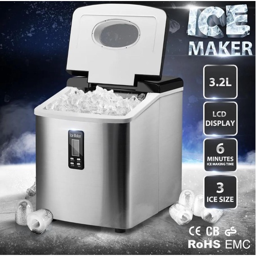 Maxkon 3.2L Ice Maker Machine Commercial Stainless Steel Benchtop Ice Cube w/LCD