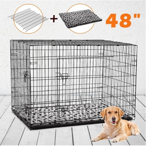 48" Pet Dog Cage Collapsible Metal Dog Crate Kennel 2 Doors w/ Pet Bed Divider