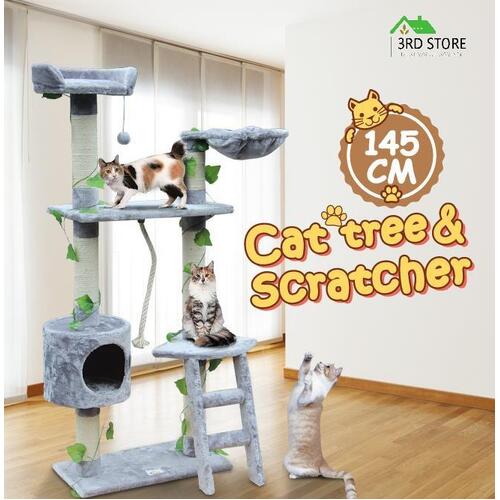 Cat Scratching Post Tree Gym House Scratcher Pole Toy Medium 145cm Grey