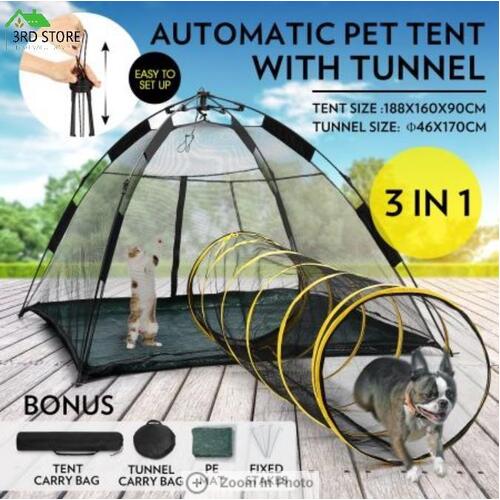 Auto Pop-up Pup Tent Pet Dog Cat Outdoor Portable Play Fun House With Tunnel