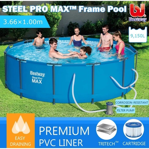Bestway Above Ground Steel Frame Swimming Pool w/Filter Pump & Filter Cartridge