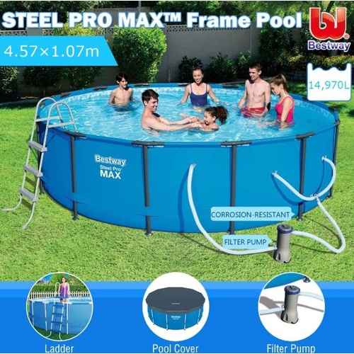 Bestway 4.57M Above Ground Metal Frame Swimming Pool w/Ladder, Cover & Filte
