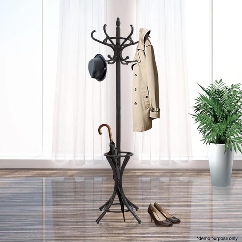 Tree Style 12 Hooks Hat Coat Clothes Rack Wooden Umbrella Stand Walnut Base Ring