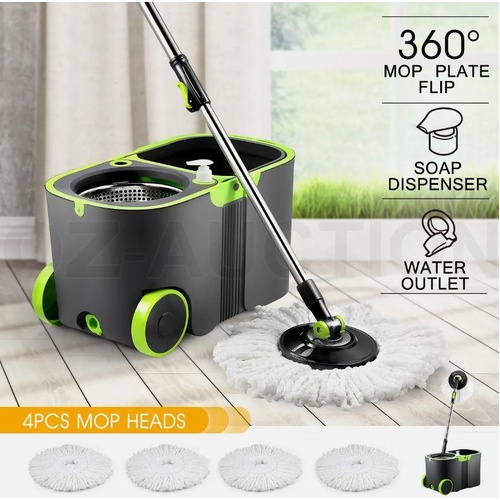 360 Degree Spin Mop Rotating and Bucket Set w/ Wheels and 4 Microfiber Mop Heads