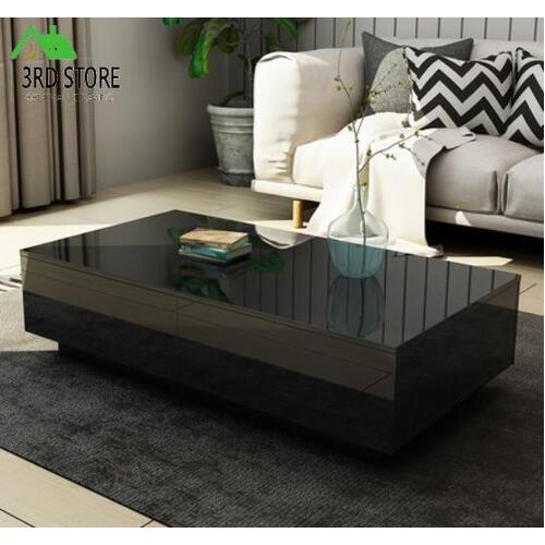 Modern Coffee Table Storage Drawer Shelf Cabinet High Gloss Furniture Black