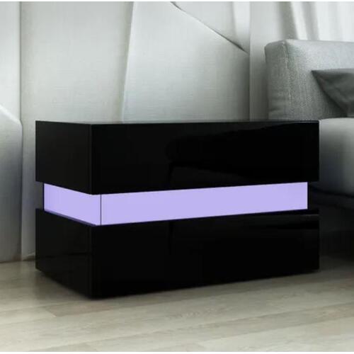 Bedside Table 2-Drawer Side Nightstand High Gloss Bedroom Cabinet BK w/RGB LED