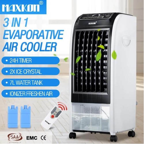 MAXKON 7L Evaporative Air Cooler Quiet Fan Ionizer Button 3 Modes W/Remote Control Black
