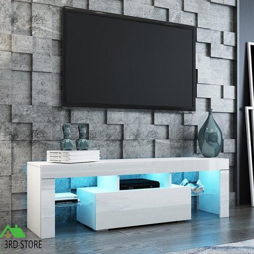 130cm TV Stand Cabinet Entertainment Unit Gloss Wooden Furniture w/RGB LED White