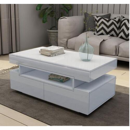 Modern White Coffee Table 4-Drawer Storage Shelf High Gloss Wood Furniture
