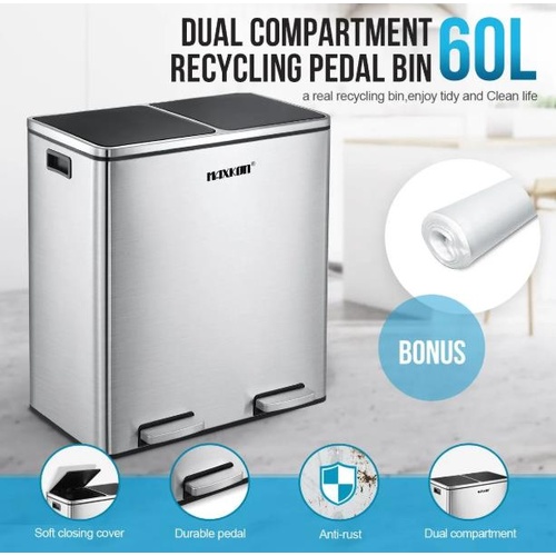 60L Pedal Rubbish Bin Dual Compartment Kitchen Waste Garbage Trash Can Dustbin