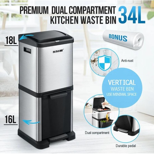 Maxkon 34L Dual Compartment Rubbish Bin Pedal Waste Garbage Trash Can Dustbin
