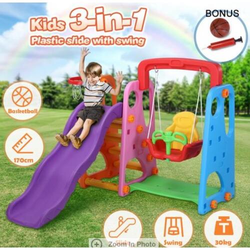 RETURNs Kids Toddler 3-in-1 Slide & Swing Outdoor Playground Play Set w/Basketball Ring