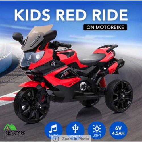 RETURNs 20W 12V Battery Kids Ride on Motorbike Toy Pedal Activated Three Wheel Black/Red