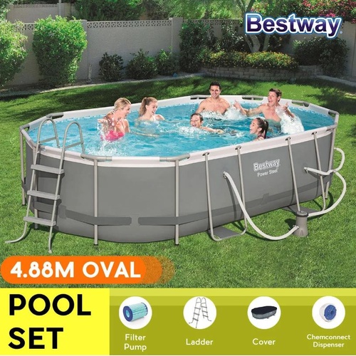 Bestway 4.88x3.05x1.07m Steel Frame Above Ground Oval Pool Set Family w/Ladder