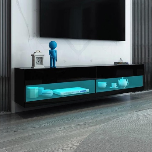 2m Wall Mount TV Cabinet Floating Wood Unit 2 Doors Shelf High Gloss Front Black