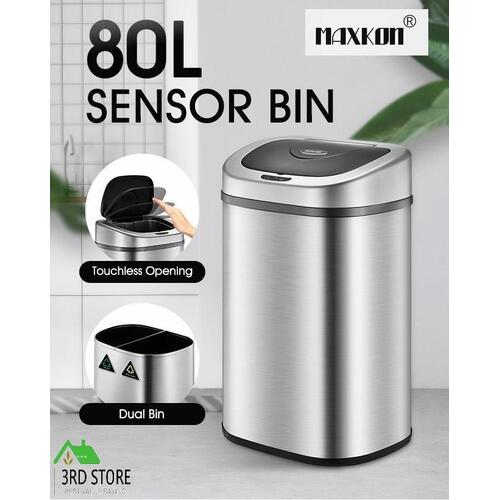 80L Motion Sensor Rubbish Bin Dual Waste Can Stainless Steel Recycle Dustbin