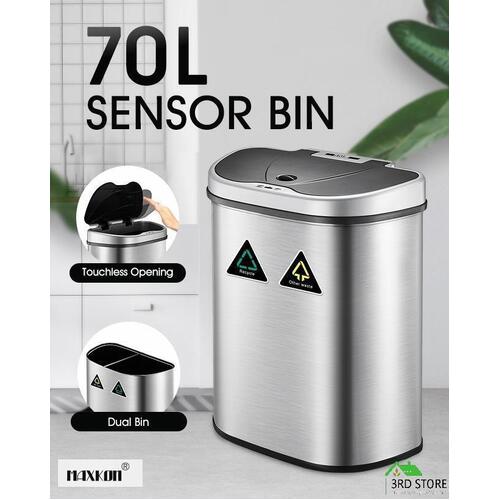 70L Motion Sensor Rubbish Bin Dual Kitchen Waste Can Stainless Steel Recycle Bin