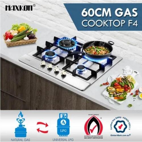 Maxkon Gas Cooktop 4 Burner 60cm Hob Stainless Steel Kitchen Gas Stove NG LPG