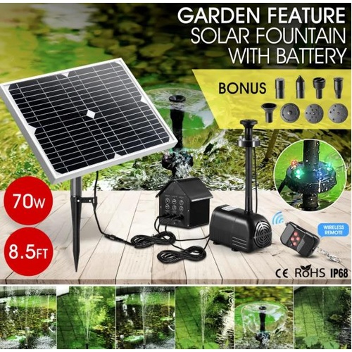 70W Solar Fountain Water Pump w/Battery & LED Light Birdbath Garden Outdoor Pool