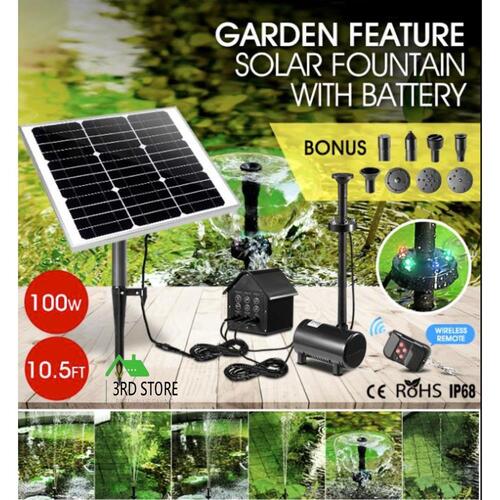 100W Solar Fountain Water Pump Submersible w/Battery & LED Light Birdbath Garden