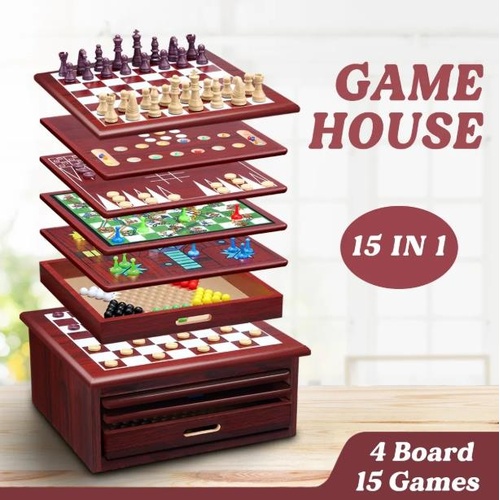 15-in-1 Chess Game Set Wooden Board Game Checker Backgammon Solitaire Toys