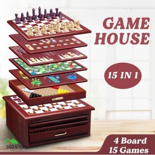 15-in-1 Chess Game Set Wooden Board Game Checker Backgammon Solitaire Toys