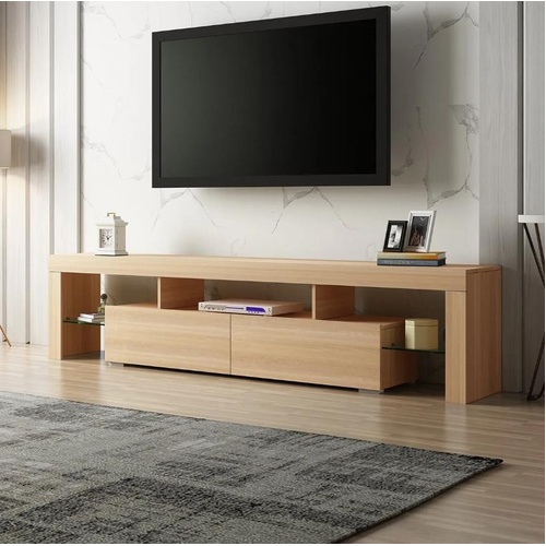 200cm TV Stand Cabinet 2 Drawers Entertainment Unit Wooden Storage Shelf - Oak