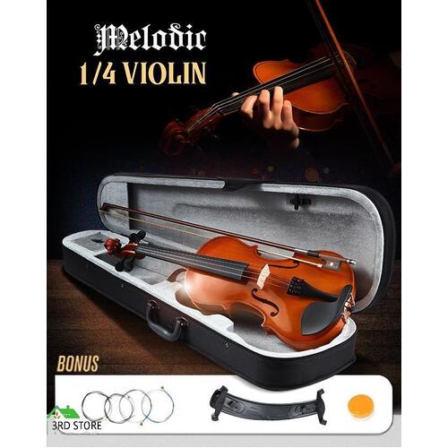 1/4 Acoustic Violin Kit 4 Strings Natural Varnish Finish w Case Bow Melodic