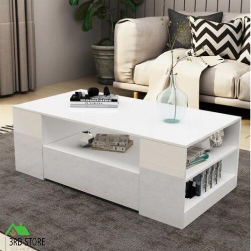Extra Length 120cm Coffee Table Storage Shelf High Gloss Wooden 2 Drawers White