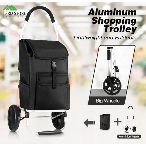 Foldable Aluminium Shopping Cart Trolley Bag Dolly w/ Wheel Black Basket Storage