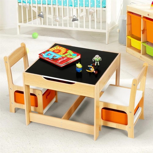 Kidbot 3PCS Kids Table Chair Set Play Toy Box Storage Activity Chalkboard Desk