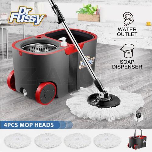 Dr Fussy Spin Rotating Mop and Bucket Set with Wheels and 4 Microfibre Mop Heads