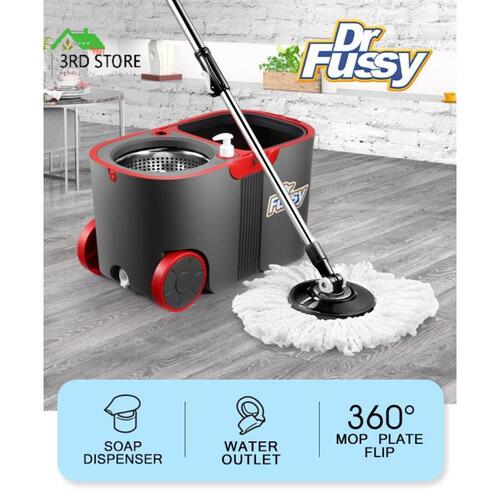 Dr Fussy Spin Rotating Mop and Bucket Set with Wheels and 4 Microfibre Mop Heads